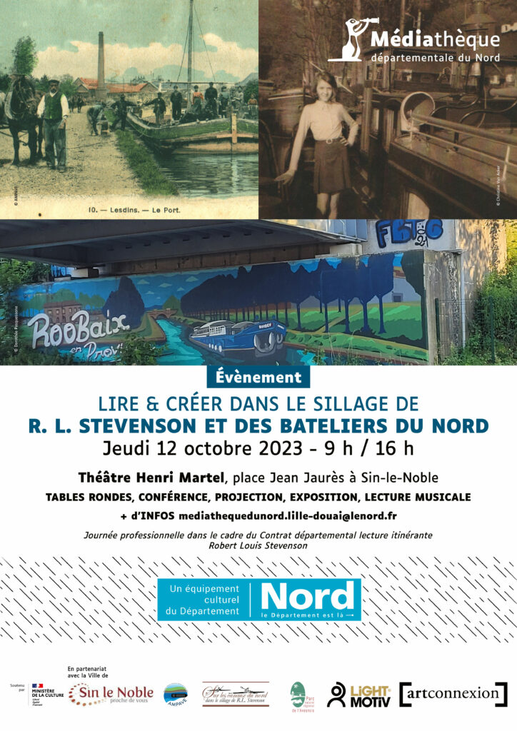 Affiche de la lecture spectacle à 3 fois du livre Inland Voyage avec les photos de Quentin Pruvost