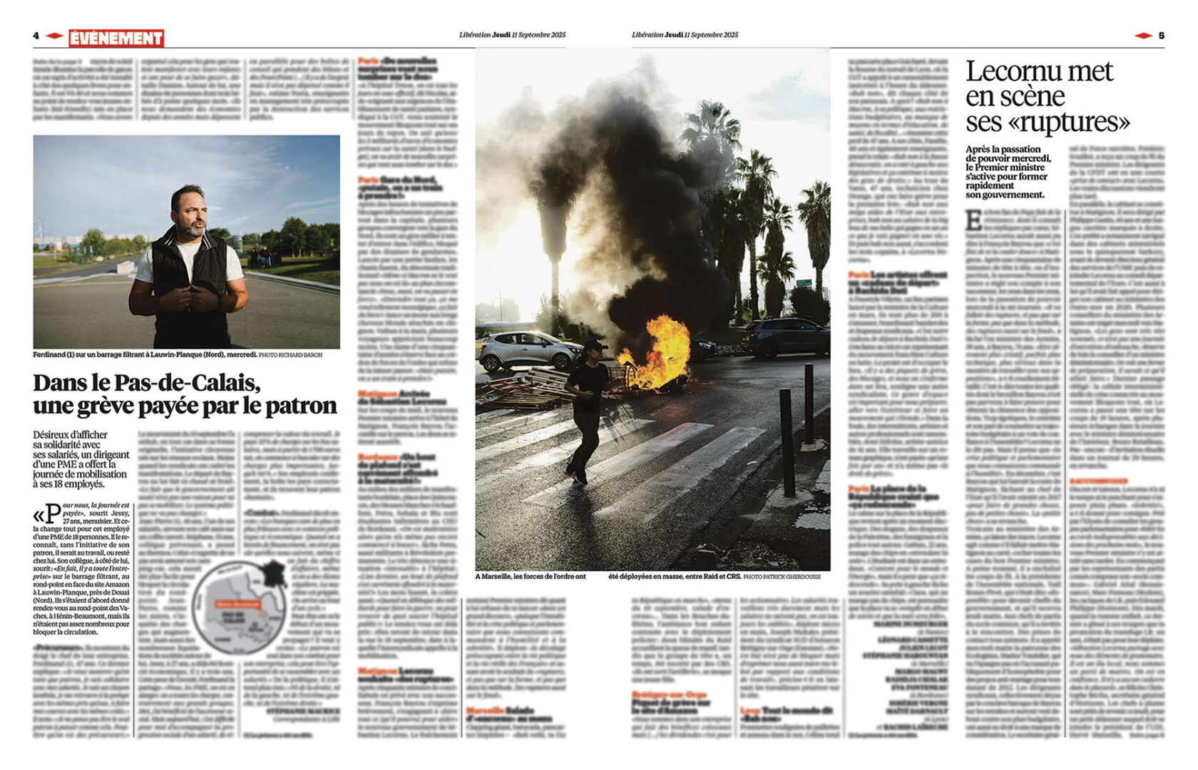 Parution Richard Baron / Light Motiv pour l'article sur l'opération de manifestations et de grèves "Bloquons tout" du 10 septembre 2025 avec un zoom sur Calais dans Libération aux côtés de la correspondante Stéphanie Maurice.