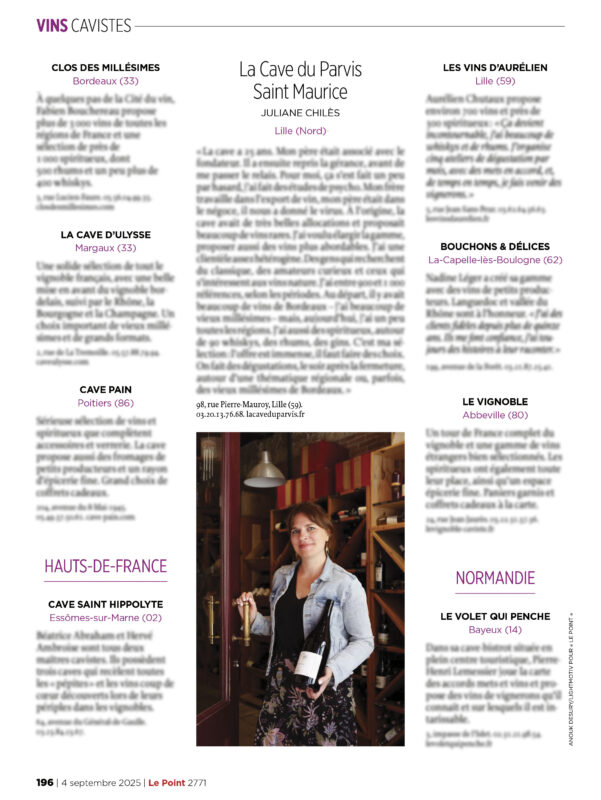 Parution d'Anouk Desury / Light Motiv pour un numéro consacré aux sélections de cavistes dans Le Point en septembre 2025 (focus sur la Cave du Parvis Saint Maurice à Lille).