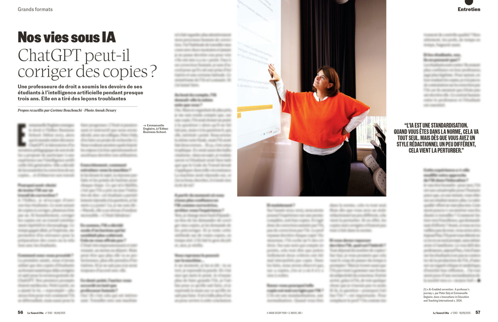 Parution d'Anouk Desury / Light Motiv pour un portrait de la professeure de droit Emmanuelle Deglaire pour un article "Nos vies sous IA - ChatGPT peut-il corriger des copies ?" dans le numéro 3183 du journal Le Nouvel Obs du 18 septembre 2025