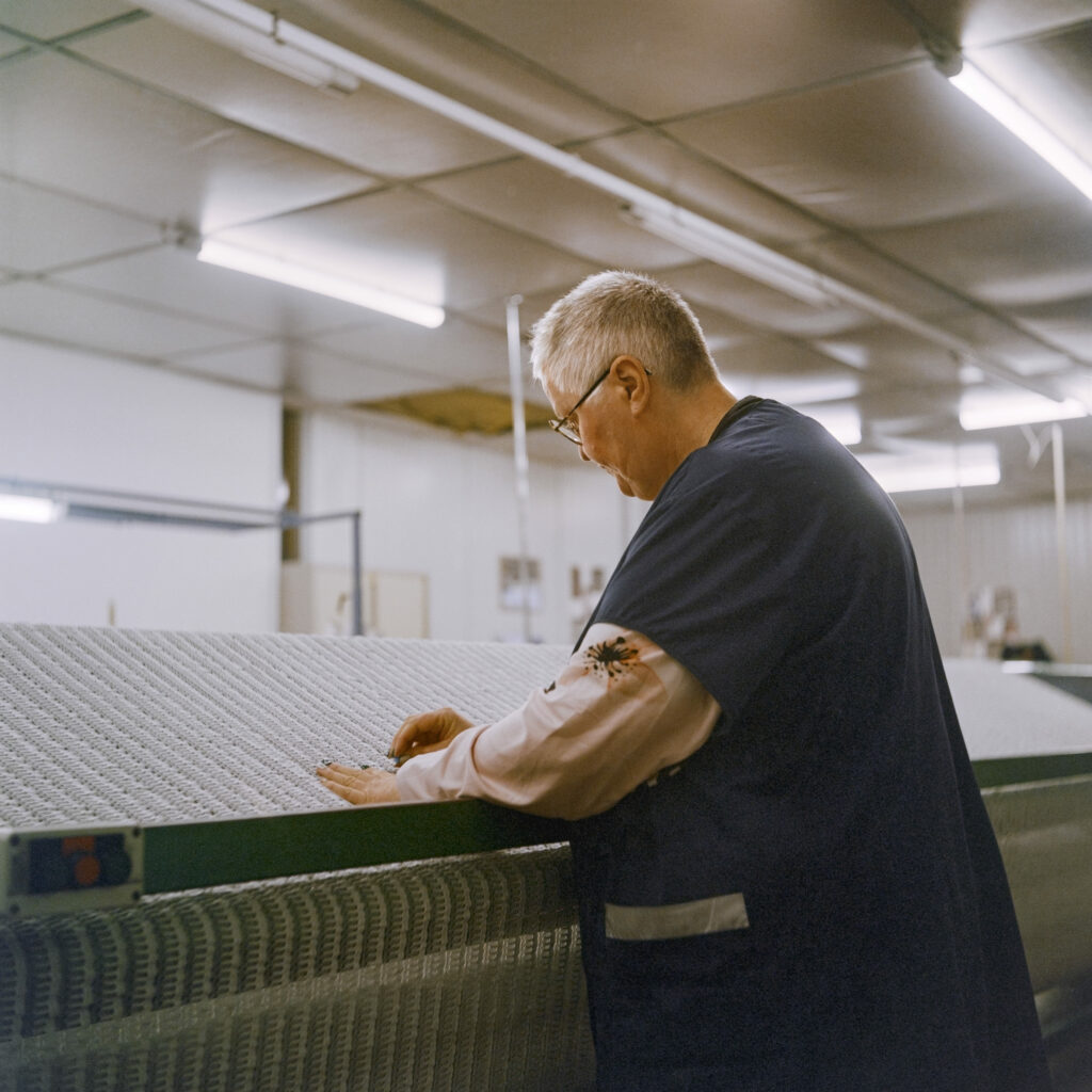 Photographie de Zélie Hallosserie / Light Motiv, issue de la série intitulée Dentelle Calais Caudry, représentant une femme en blouse bleue penché sur un métier à tisser pour la dentelle dont les mains sont occupées de tisser des fils avec une aiguille, dans le cadre d'un reportage qui témoigne du travail et de la conception de la dentelle à Calais.