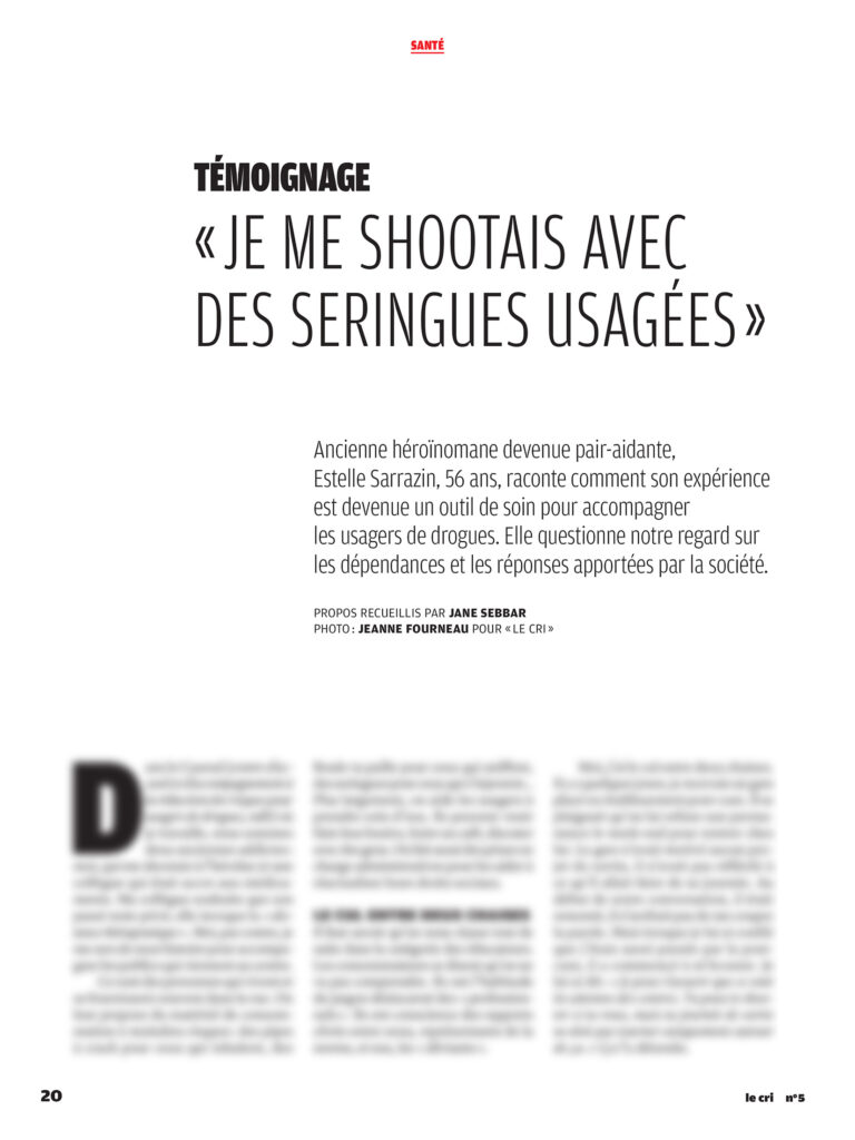 Visuel de la page 1 de la parution de Jeanne Fourneau / Light Motiv sur le portrait d'une ancienne addict devenue accompagnatrice (ou pair-aidante) pour usagers de drogues (notamment héroïne), dans le média Le Cri n°5 en mars 2026
