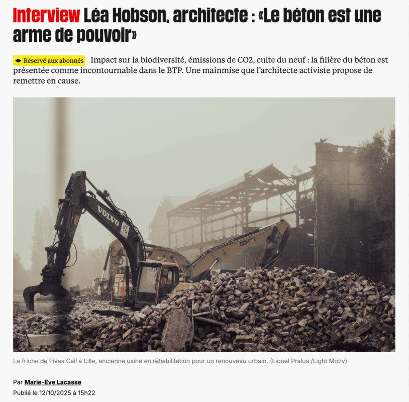 Parution de Lionel Pralus / Light Motiv sur la mainmise du béton dans le domaine du BTP et des réflexions sur des alternatives (octobre 2025)
