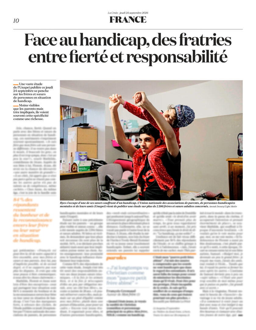 Photographie / Parution d'Anouk Desury / Light Motiv dans La Croix (24 septembre 2026) sur une étude de l’Unapei (Union nationale des associations de parents, de personnes handicapées mentales et de leurs amis) qui se penche sur les frères et sœurs de personnes en situation de handicap.